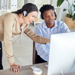 Black man, woman or call center computer training in crm consulting office, b2b telemarketing sales