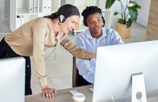 Black man, woman or call center computer training in crm consulting office, b2b telemarketing sales