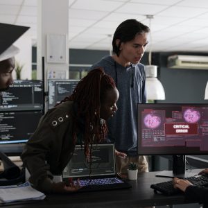 Multi ethnic programmers having security breach alert on computer screen