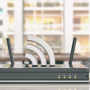 Wifi router in an office background. 3d illustration